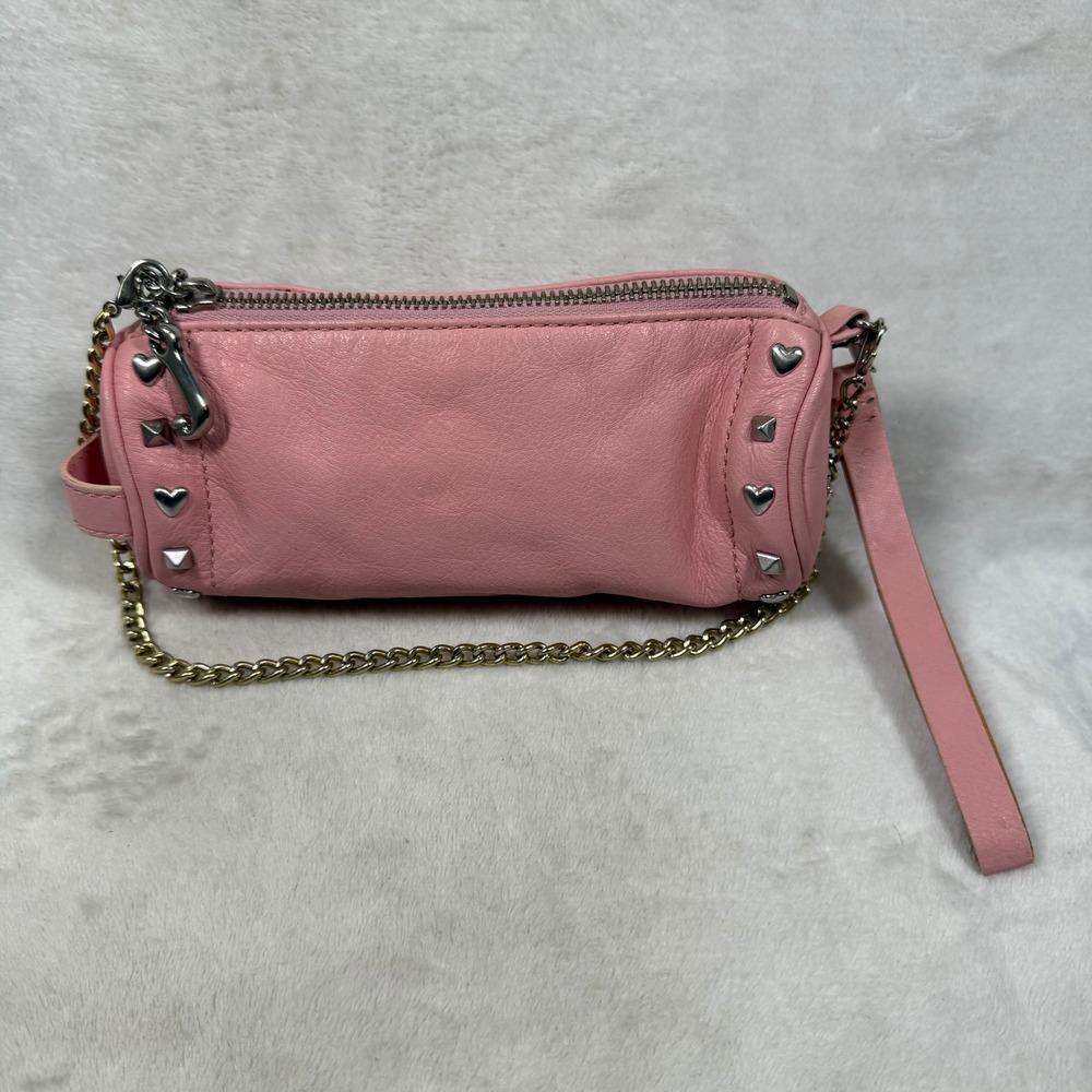 Juicy Couture Pink Leather Barrel Bag Heart Studded Y2K Wristlet Purse